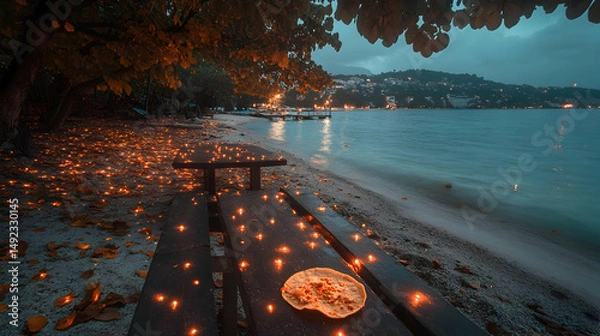 Obraz Coastal evening stillness, featuring a wooden table with a tortilla backdrop