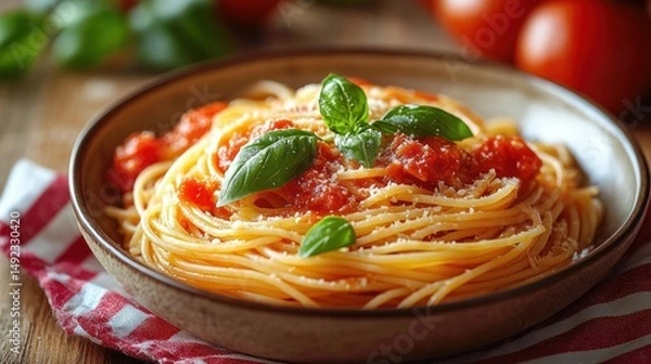 Fototapeta Close-up of a plate of spaghetti with tomato sauce, fresh basil leaves, and grated cheese on a rustic table with tomatoes in the background