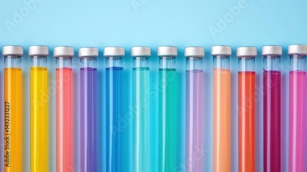 Fototapeta Colorful Test Tubes with Liquid Samples in Scientific Lab on Blue Background for Chemistry Experiment Concepts