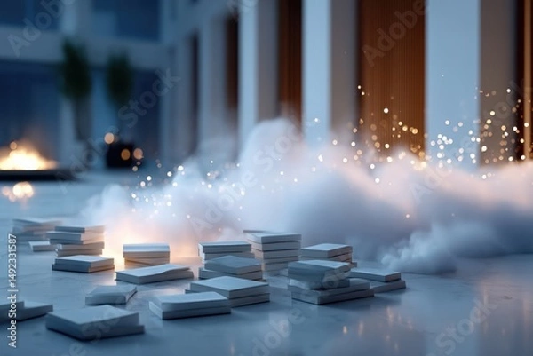 Fototapeta Cloud of mist rising from scattered books in a modern indoor space with subtle lighting effects