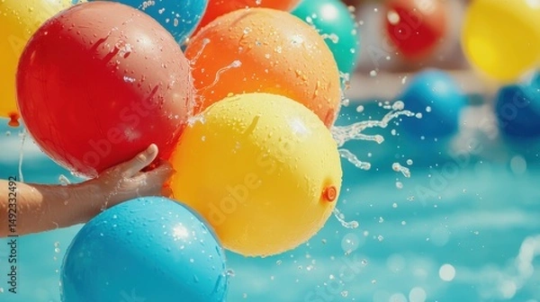 Fototapeta Colorful Water Balloons Being Held Over a Splashing Blue Pool in a Bright Summer Setting
