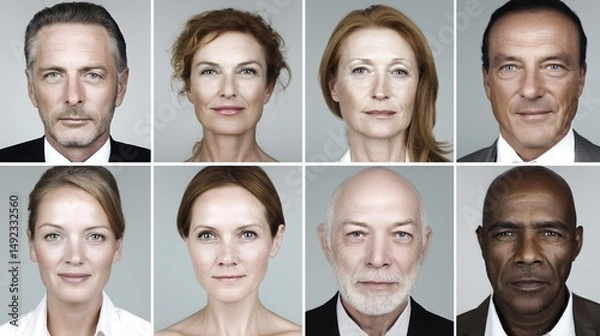 Obraz A collection of headshots showcasing smiling men and women from diverse ethnic backgrounds, including business professionals and corporate individuals, is presented in a collage