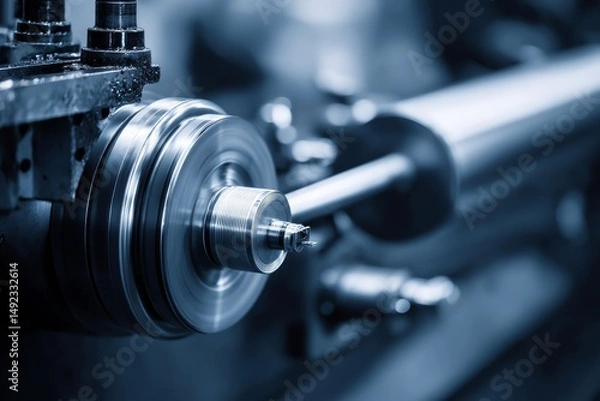 Obraz The operation of the metal spinning machine is depicted in a scene with a light blue hue and lighting effects