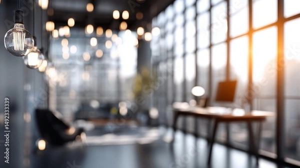 Obraz A modern office interior featuring panoramic windows and elegant lighting is beautifully framed by a blurred background
