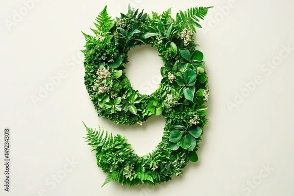 Fototapeta Creative display of number nine made of fresh green
