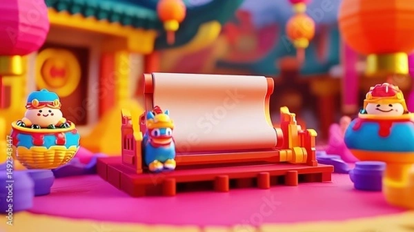 Fototapeta Festive Chinese New Year Poster with Large Central Scroll and Vibrant Lanterns: 3D Cartoon Commercial Background. Colorful Felt Texture, Warm Studio Lighting, and Rich Details Create Joyful Holiday At