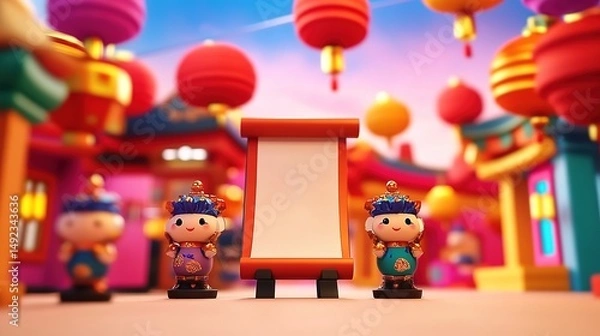 Fototapeta Festive Chinese New Year Poster with Large Central Scroll and Vibrant Lanterns: 3D Cartoon Commercial Background. Colorful Felt Texture, Warm Studio Lighting, and Rich Details Create Joyful Holiday At