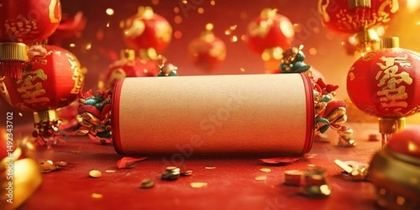 Fototapeta Festive Chinese New Year Poster with Large Central Scroll and Vibrant Lanterns: 3D Cartoon Commercial Background. Colorful Felt Texture, Warm Studio Lighting, and Rich Details Create Joyful Holiday At