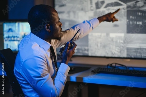 Fototapeta African-American security officer watching the screens talking on radio in control room