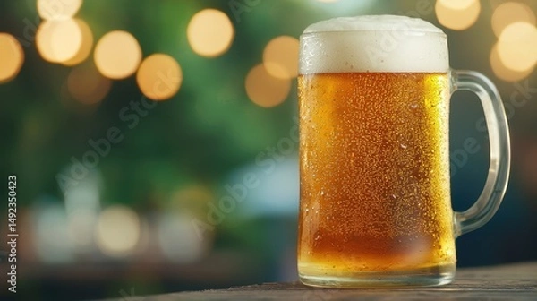 Fototapeta Refreshing Cold Beer in Glass Mug with Foam and Bokeh Background in Cozy Outdoor Setting
