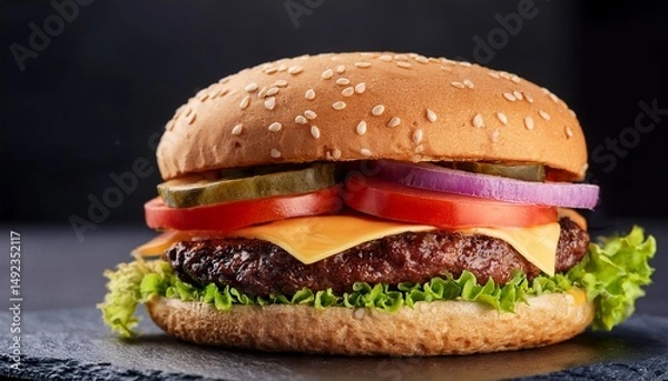 Fototapeta beef burger with cheese tomatoes red onions cucumber and lettuce on black slate over dark background unhealthy food