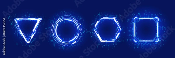 Fototapeta Abstract technology HUD elements or neon portals in futuristic geometric forms. Binary code and light neon frames with tech design elements. UX game signs. AI game concept. Vector illustrations