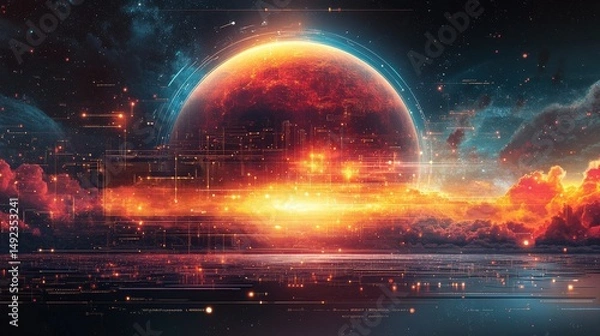 Obraz Vibrant digital cosmic landscape with celestial bodies and abstract data visualization