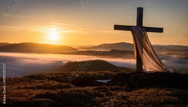 Fototapeta a wooden cross draped with cloth stands on a hilltop as the sun rises over rolling hills enveloped in mist