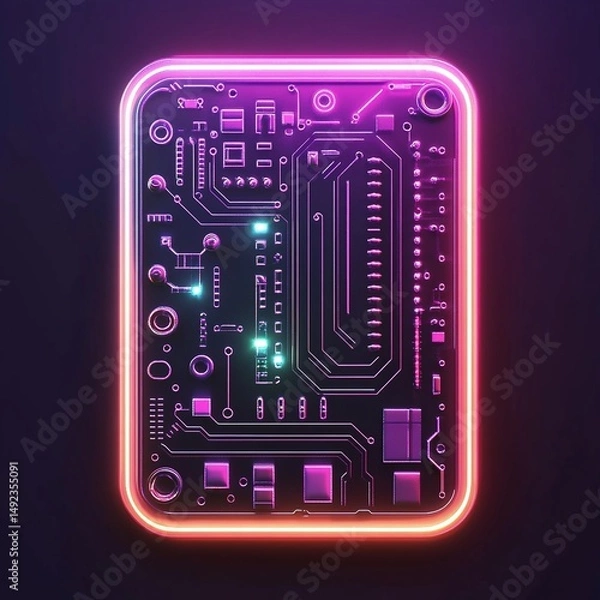 Obraz Glowing Neon Circuit Board with Metallic Texture: High-End Chinese-Style Game Icon. Abstract Commercial Background Featuring Illuminated Interior on Dark Background. Creative Design Element for Poster
