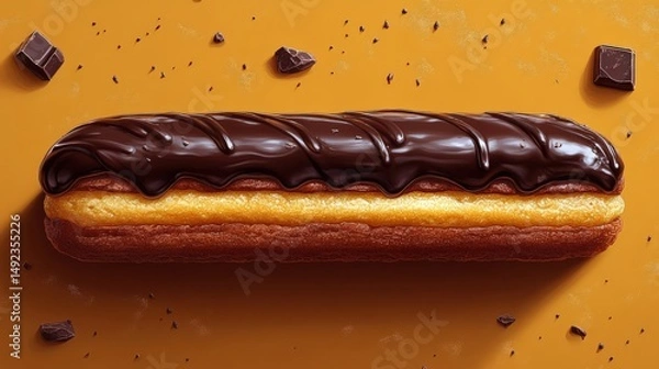 Obraz Delicious chocolate eclair on orange background with chocolate chunks