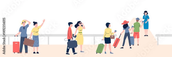 Fototapeta People with luggage go to passport and documents tickets control. Enter on ship, train or bus. Check in on cruise, waiting line tourists, vector element