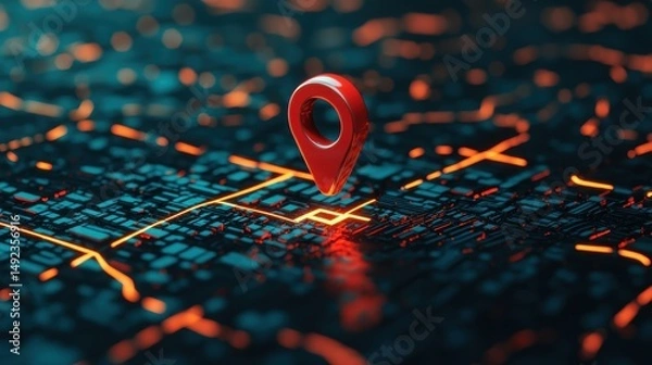 Fototapeta Red location pin on digital city map with glowing lines representing streets and connectivity in a modern design