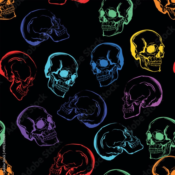 Fototapeta Vector abstract bright pattern in punk style. Seamless pattern consisting of neon skulls on a dark background is suitable for printing and will decorate any project.