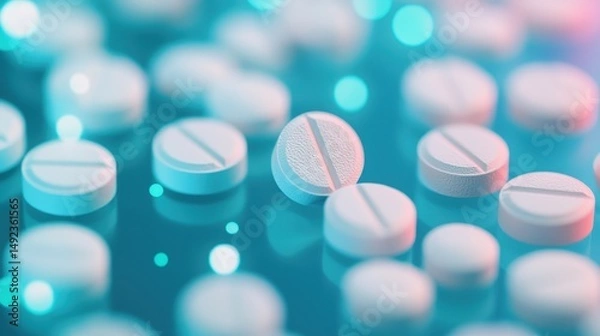 Fototapeta Close-Up View of White Pills on Reflective Surface with Abstract Light Effects and Soft Focus