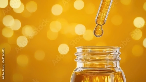 Fototapeta Close-Up View of a Pipette Dropping Liquid into a Clear Jar on a Bright Golden Bokeh Background