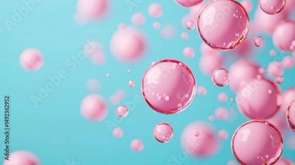 Fototapeta Beautiful Floating Pink Bubbles on a Soft Blue Background for Abstract and Colorful Designs