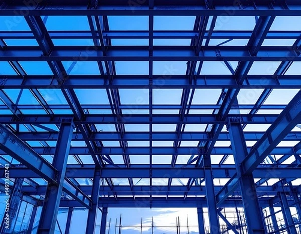 Fototapeta Modern architectural structure with blue glass and steel framework under sky