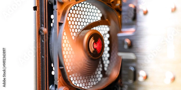 Fototapeta Computer cooling fan with intricate mesh design is spinning inside a modern PC case, showcasing advanced technology and efficient airflow for optimal performance
