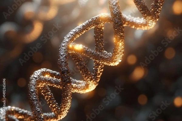Obraz Close-up 3D rendering of a glowing double helix DNA strand structure with detailed texture and lighting, symbolizing genetic science and molecular biology