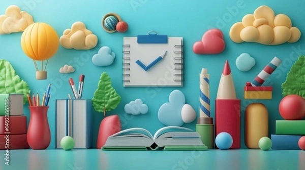 Obraz Open book, stationery, clouds, checklist, blue background;  education concept
