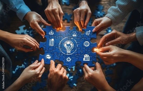 Fototapeta Multiple hands collaboratively assembling blue jigsaw puzzle pieces with icons representing technology, energy, and global connectivity around a central light bulb symbolizing innovation and ideas