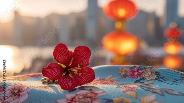 Obraz Close-up of a red bauhinia brooch on silk, golden light on petals, festive city backdrop - celebrating Hong Kong's establishment day with elegance.