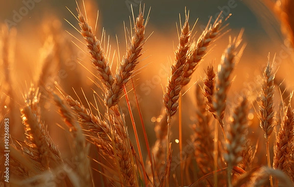 Fototapeta Golden wheat gleams warmly under sunlight, evoking feelings of abundance and harvest, promising season of plenty and nourishment