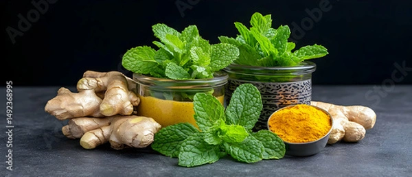 Fototapeta Fresh Ginger, Mint, and Turmeric Spices on Dark Background