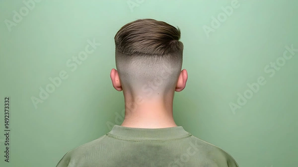 Fototapeta Back View Of Man With Short Haircut And Sage Green Sweater On Light Green Background