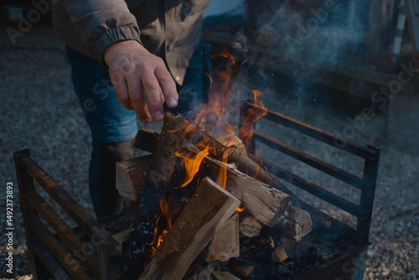 Fototapeta Hand of a man putting firewood into burning fire