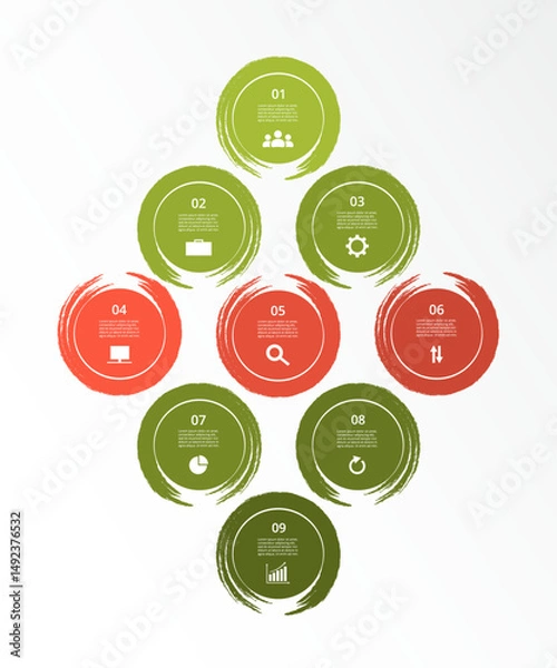 Fototapeta Creative infographic template with 9 steps, options, parts or processes. Presentation of teamwork or business processes.