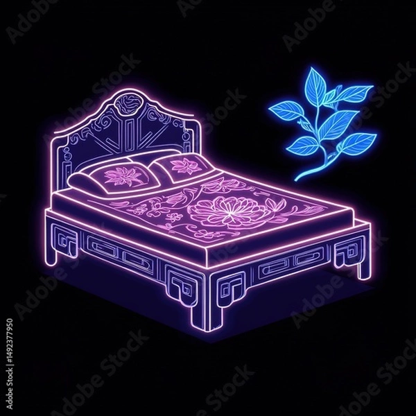 Fototapeta Neon-Glowing Iron Bed with Botanical Metallic Texture: Premium Chinese-Inspired Game Icon. Edge-Illuminated Abstract Commercial Background for Posters, Banners, and Digital Design. AI-Generated Artist