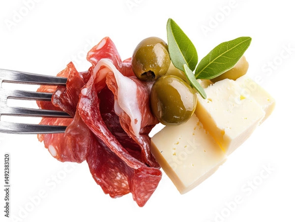 Obraz Sliced cured meat with green olives and cheese on fork with fresh leaves, delicious snack