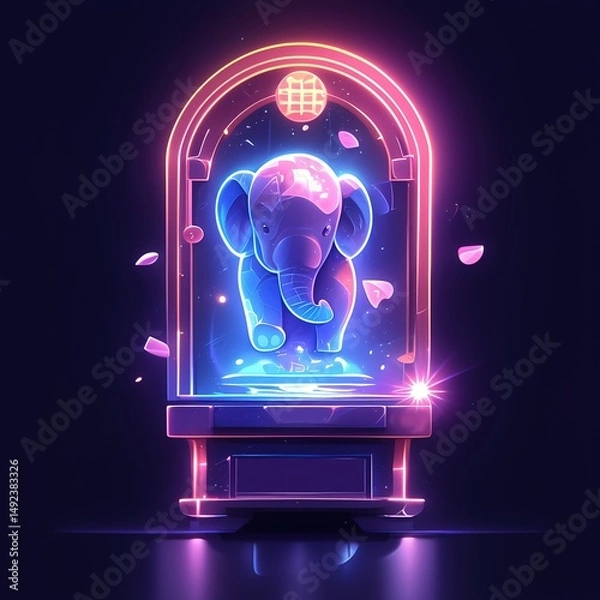 Fototapeta Neon-Glowing Crystal Elephant Figurine: Elegant Chinese-Inspired Game Icon. Inner-Illuminated Abstract Commercial Background for Posters, Banners, and Digital Design. AI-Generated Artistic Element on 