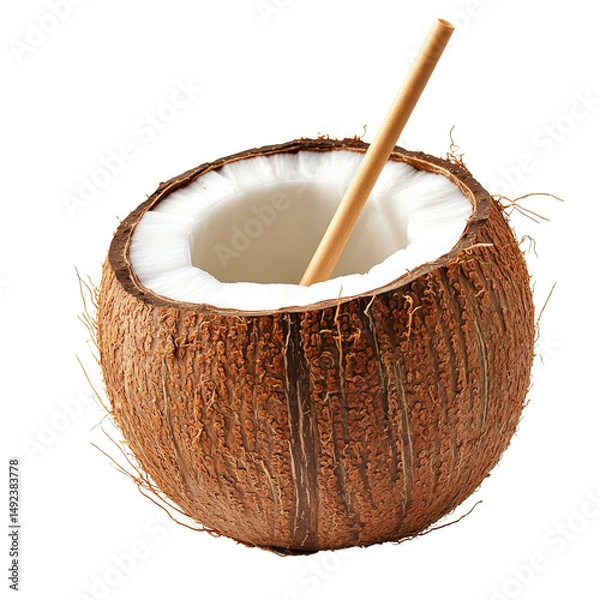 Obraz Brown coconut with white flesh and straw for drinking refreshing tropical fruit