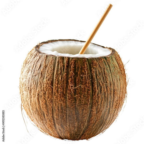Obraz Fresh coconut with straw for drinking refreshing water inside tropical fruit