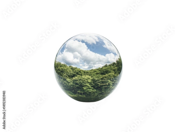 Obraz Forest reflection in glass sphere with blue sky and clouds
