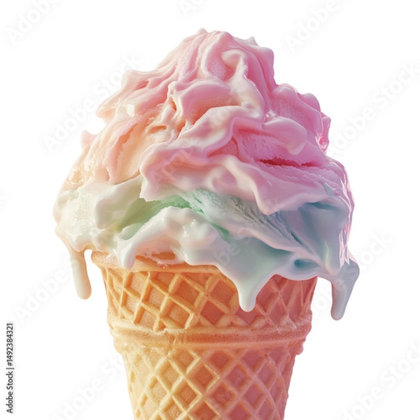 Obraz Melting pastel ice cream scoop on crispy waffle cone, creamy and colorful dessert treat