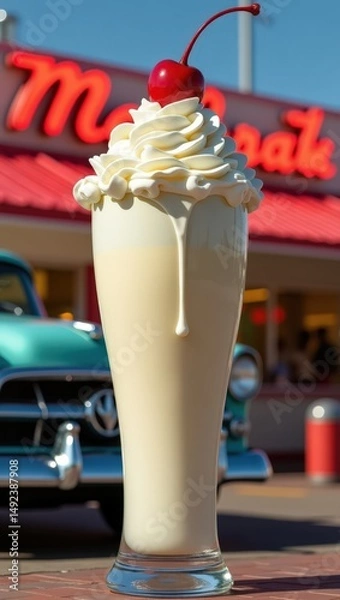 Obraz Delightful creamy milkshake topped with whipped cream and cherry at a vintage diner under a clear blue sky Generative AI
