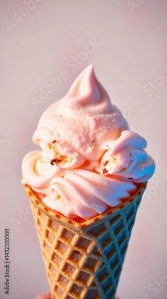 Obraz Delightful swirl of creamy strawberry ice cream in a golden cone under soft pastel lighting for a sweet treat Generative AI