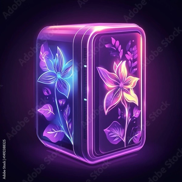 Fototapeta Neon-Lit Personal Computer with Floral Texture: Illuminated Chinese-Inspired Game Icon. Glowing Abstract Commercial Background for Digital Design and Gaming. AI-Generated Artistic Element on Dark Canv