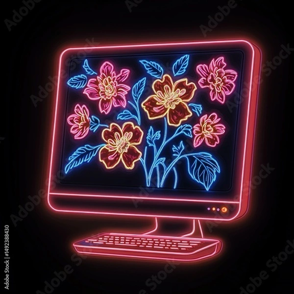 Fototapeta Neon-Lit Personal Computer with Floral Texture: Illuminated Chinese-Inspired Game Icon. Glowing Abstract Commercial Background for Digital Design and Gaming. AI-Generated Artistic Element on Dark Canv