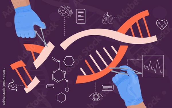Fototapeta Dna modification. CRISPR CAS9 genetic engineering, gene editing genome sequencing manipulation biology mutation research human baby rna ancestry discovery vector illustration