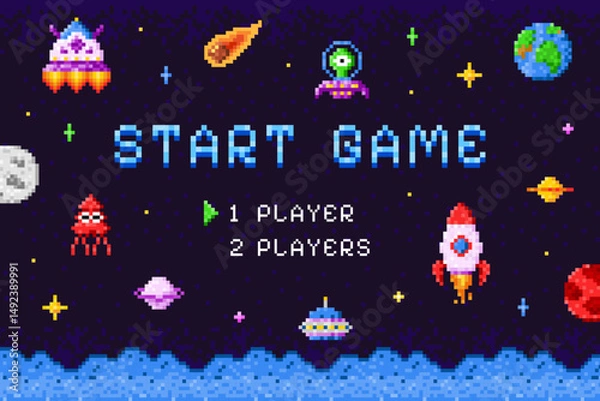 Fototapeta Arcade game start screen. Pixel videogame display interface, retro computer console platform vintage machine monitor 8 16 bit ui press play score gaming, swanky vector illustration